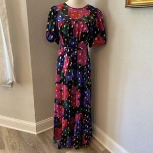 Donna Morgan Maxi Dress Sz 6 Modest Metallic Gold Foil Jewel Tone Colorful